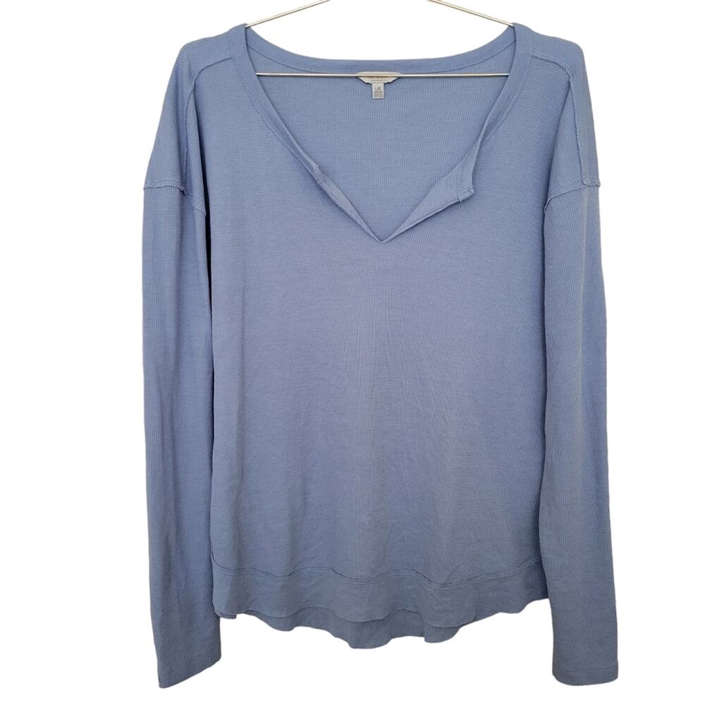 Lucky Brand Waffle Knit Top Size Large L Blue Oversize V Neck Slouchy Loungewear